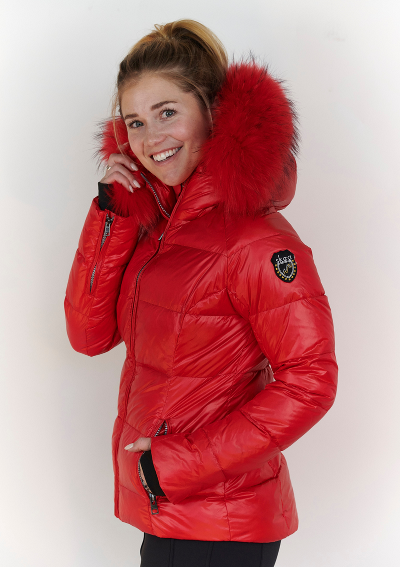 Red ski jacket sale with fur hood
