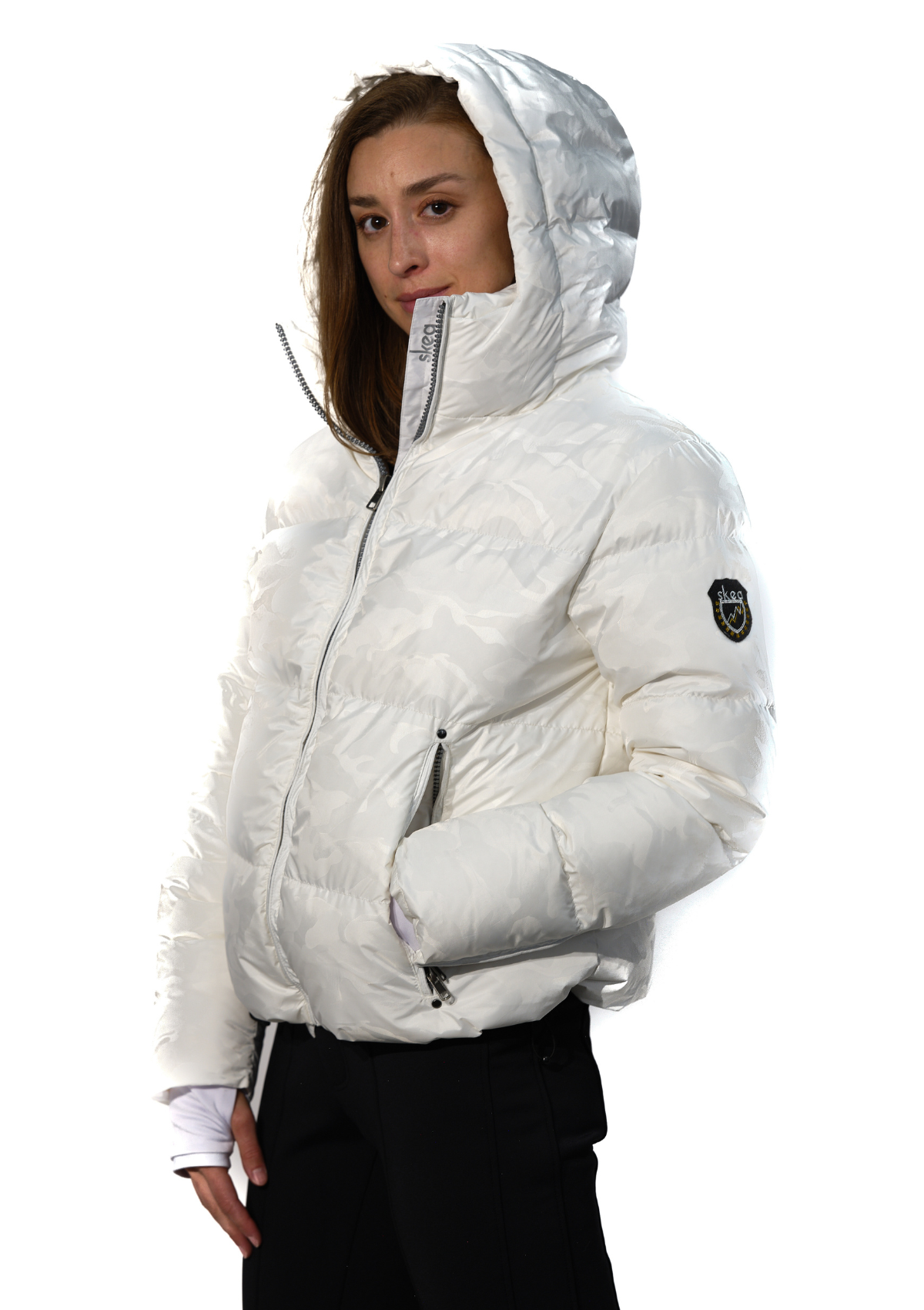ski jackets, ski pants, luxury skiwear, ski apparel, ski fashion, fur ski apparel, fur trim, Revive Jacket Camo, Skea Limited, Skea Limited - Skea Limited