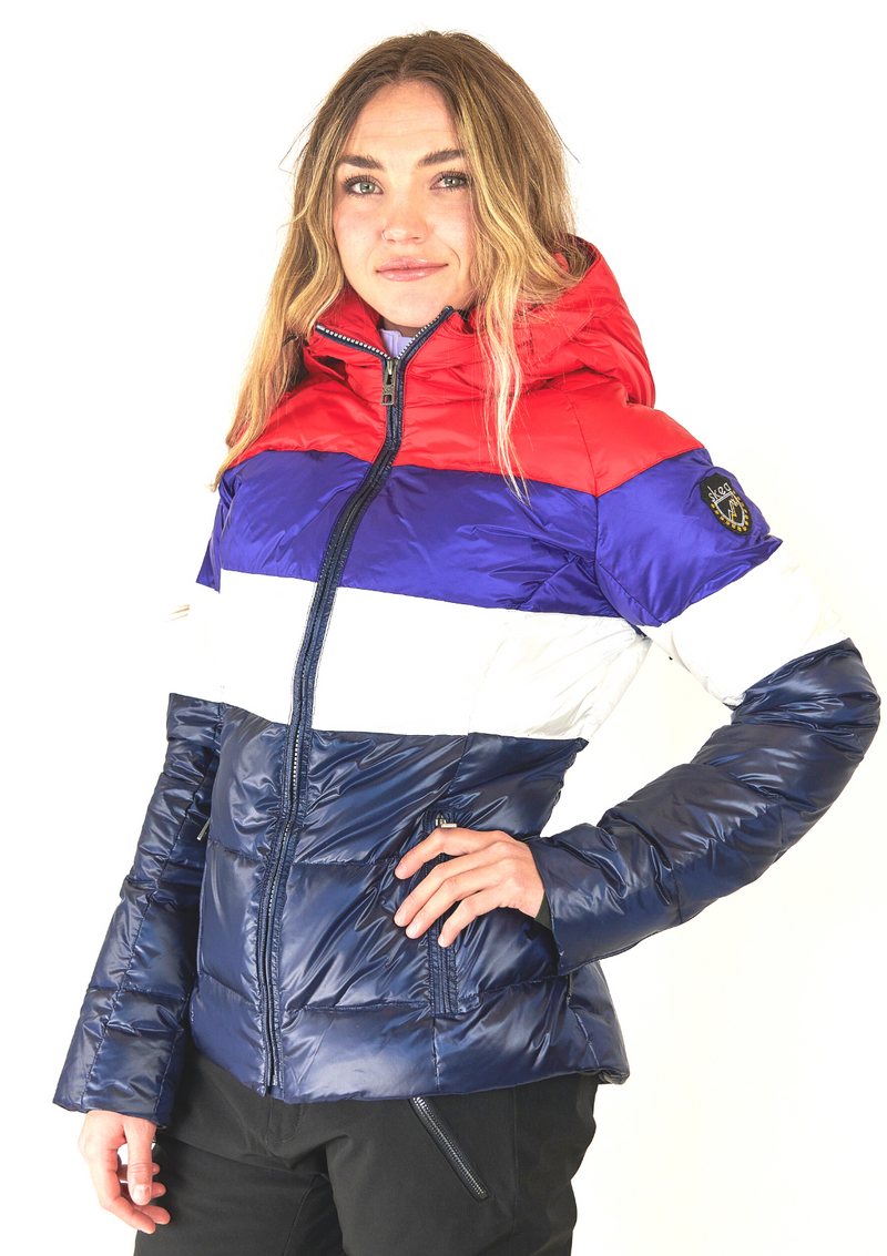 ski jackets, ski pants, luxury skiwear, ski apparel, ski fashion, fur ski apparel, fur trim, Elsa Stripe Ski Jacket, Skea Limited, Skea Limited - Skea Limited